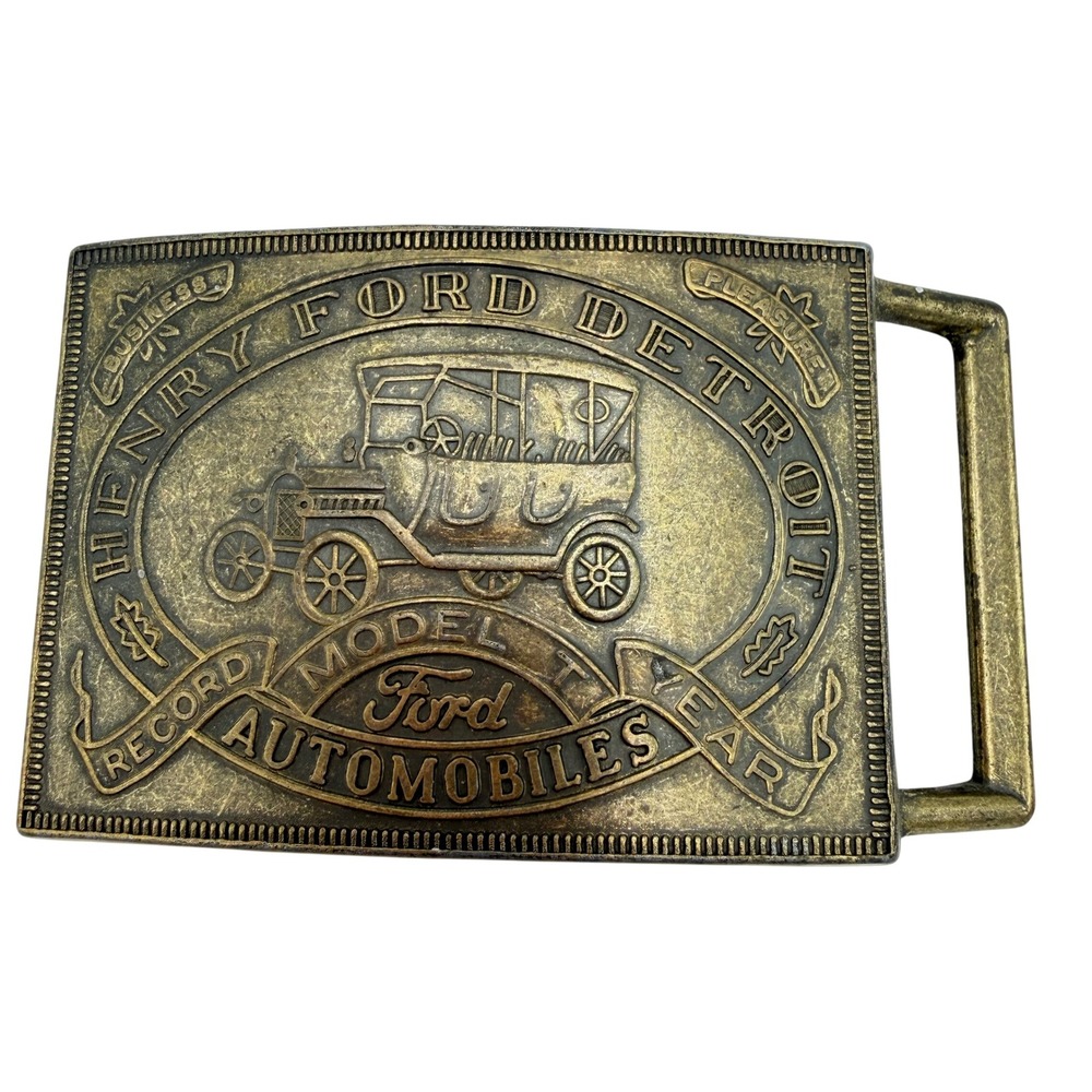 Vtg Henry Ford Detroit Model T Brass Record Year Retro Brass Belt Buckle Western